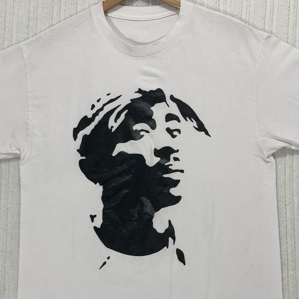 Tupac Shakur Graphic T-Shirt White Black Stencil Portrait Rap Tee Mens L